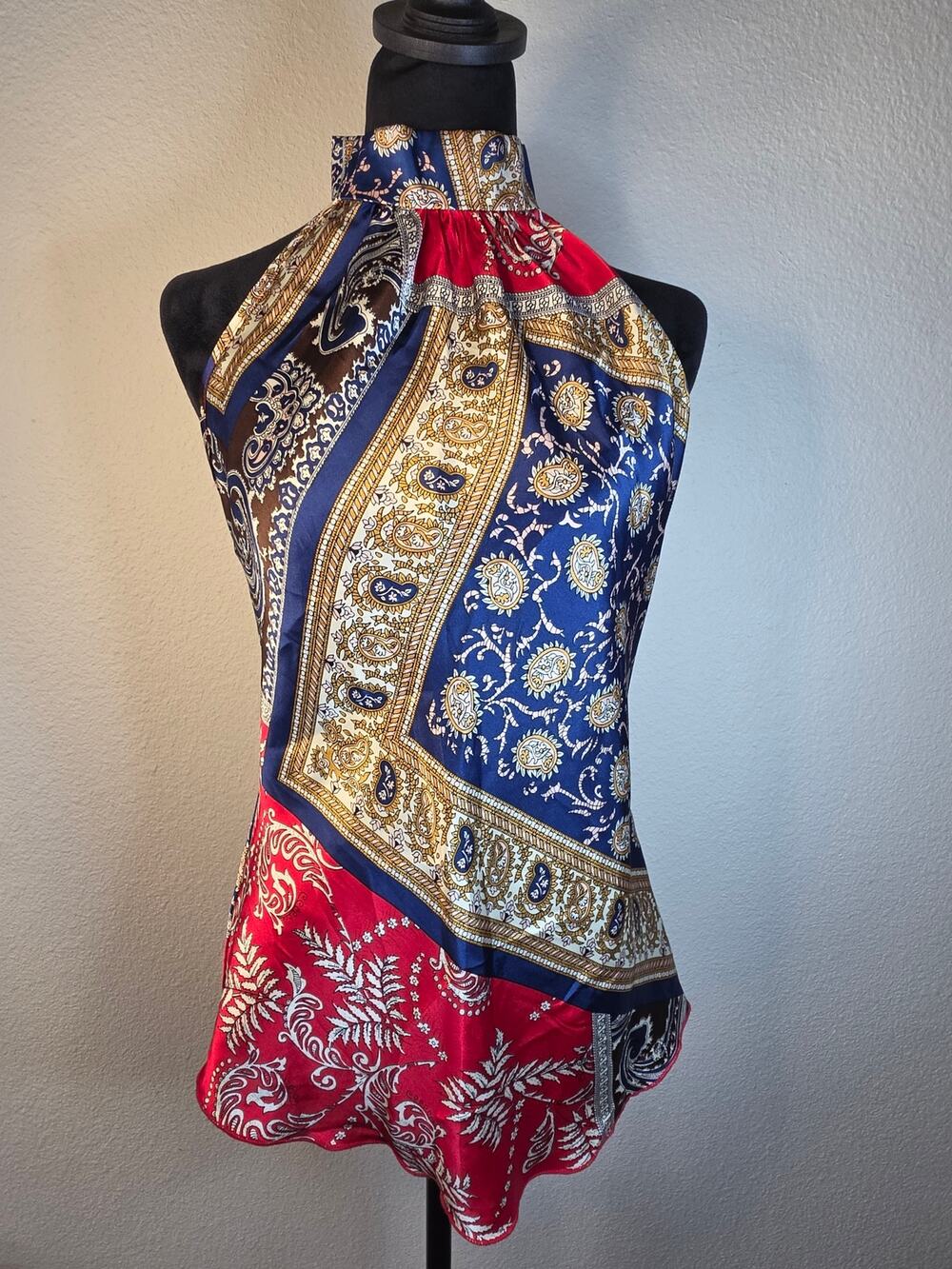 Vintage Silky Patchwork Scarf Style Halter Top Vibrant Colorful Baroque & Chain